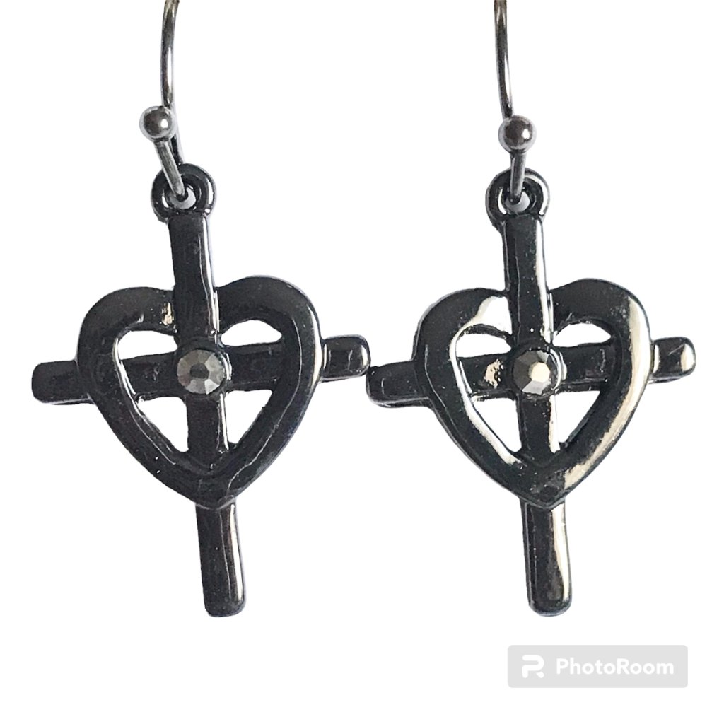 Sacred Heart Cross Earrings Gunmetal Plated Crystal Catholic Christian Gift